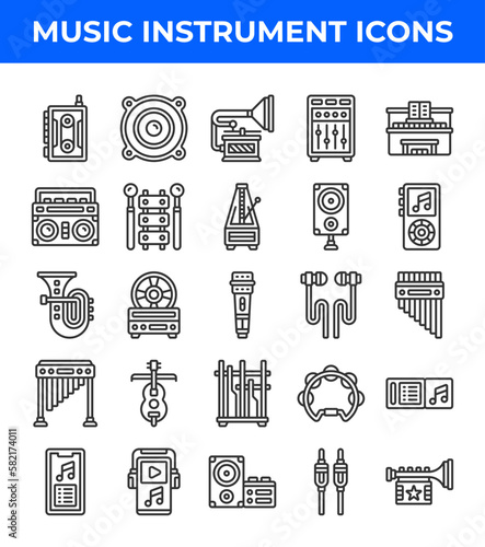Music instrument line icon. Related to radio, bass, headphone, headset, mic, trumpet, angklung. Editable stroke. Vector illustration photo
