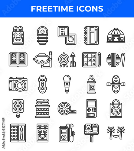 Freetime line icon. Related to bowl, shopping, food, reading, archery, chess, paddle board. Editable stroke. Vector illustration