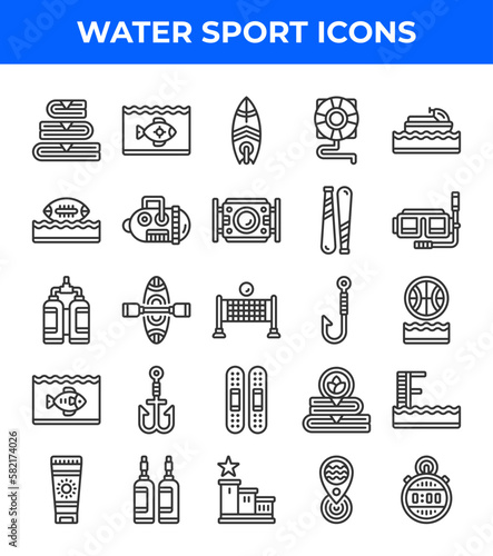 Water sport line icon. Related to paddle board, life saver, lamp, baseball, timer, clock, sunscreen. Editable stroke. Vector illustration