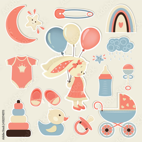A set of stickers for a newborn girl. Vector