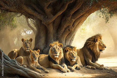 A herd of lions under a tree, generative AI