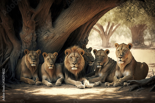 A herd of lions under a tree, generative AI