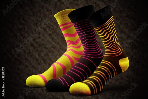 bright yellow and pink socks on dark background set of socks, created with generative ai photo