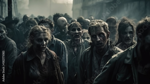 Photographie crowd of undead zombies in post-apocalyptic city at night