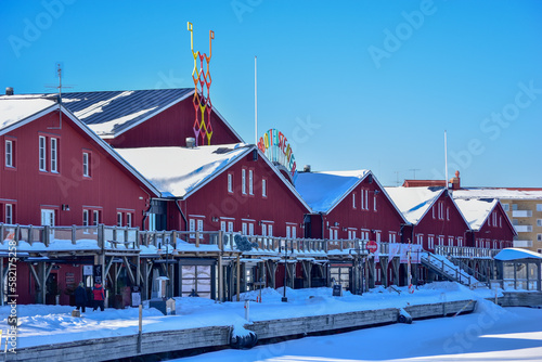 Lulea, Sweden Panorama city. Norrbottens Teater sunny winter day.
