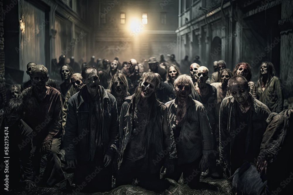 crowd of undead zombies in post-apocalyptic city at night. Generative AI illustration crowd of undead zombies in post-apocalyptic city at night. Generative AI illustration