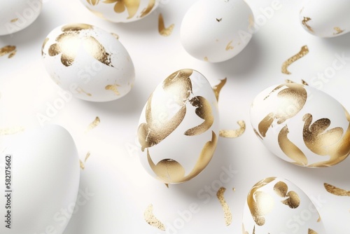 Easter white eggs with gold foil decoration on white background, hipster pattern, minimalist style, clean design, falling, floating, dynamic, photo - realistic, 4k ultra resolution Generative AI