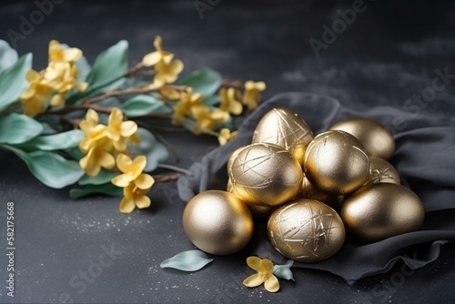 Easter Decoration With Golden Eggs on Dark Shale Background Generative AI