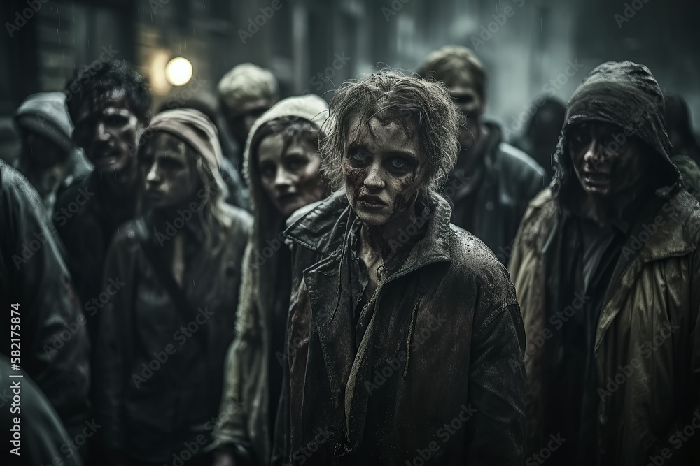 Fototapeta premium crowd of dead aggressive zombies on the street in city. Generative AI illustration