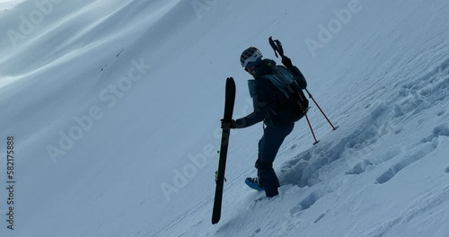 Wallpaper Mural Cinematic downhill freeride skiing of two professional ski mountain guides in fresh deep snow with amazing mountain landscape. Freeride athletes showing off piste ski turns with awesome panorama view Torontodigital.ca