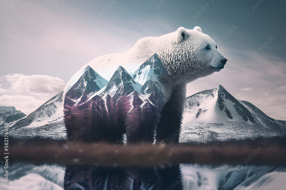 Obraz premium Double Exposure of polar bear and snowy mountains - Generative AI