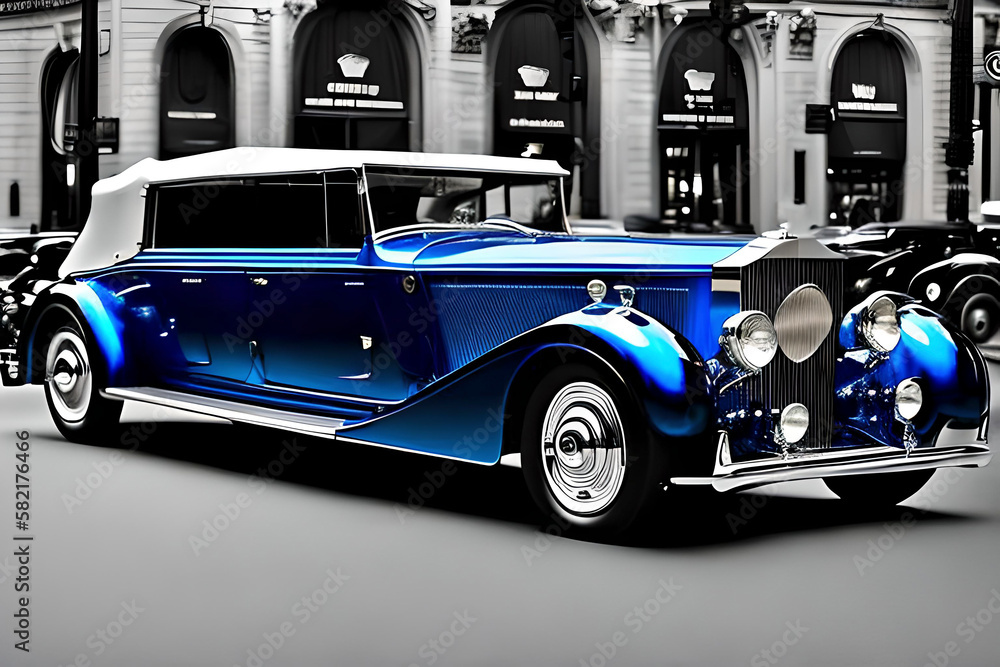 AI generated image of blue classic car on black and white background, film noir style.
