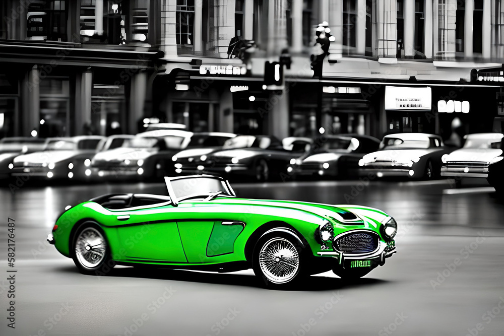 AI generated image of green classic car on black and white background, film noir style.