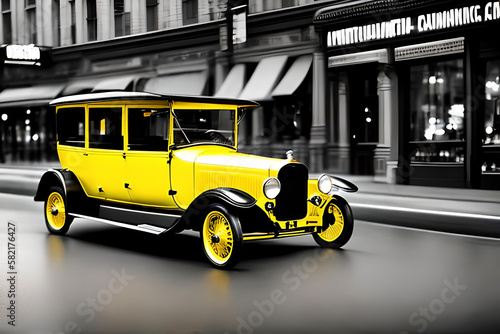 AI generated image of yellow classic car on black and white background, film noir style.