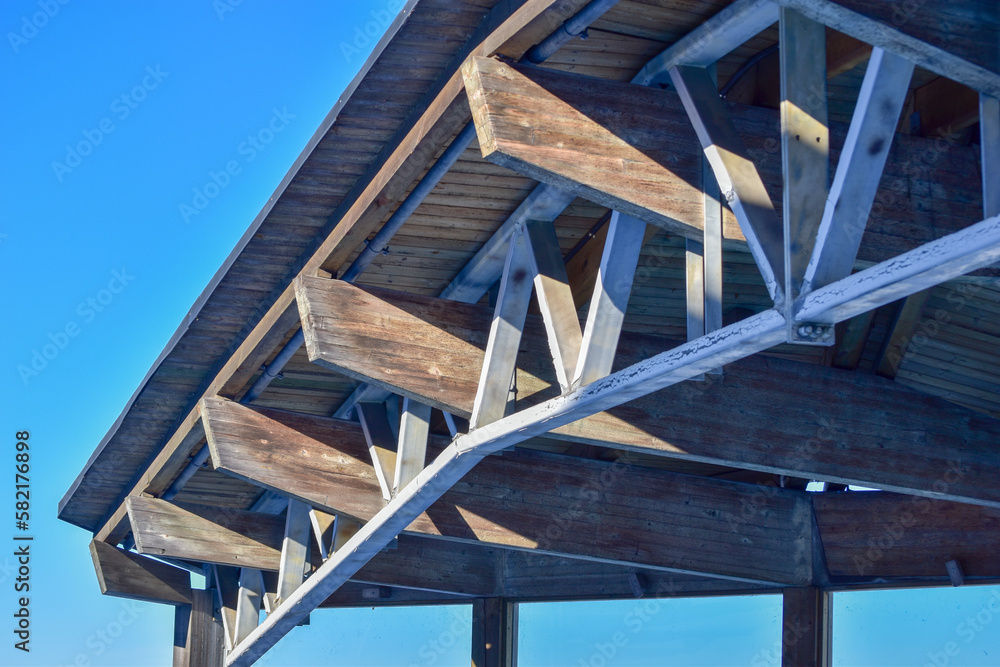 Obraz premium Standard timber framed building with close up on the roof trusses