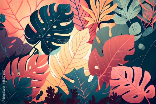Vibrant  pastel colors  tropical leaves  pattern  illustrated. Generative AI