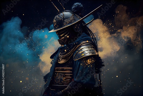Samurai in a blue gold galaxy cloud, ultra, sharp. Generative AI