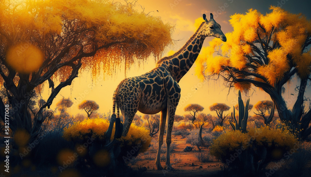 Animal Kingdom yellow weeds yellow skies, giraffe walks along horizon at sundown
