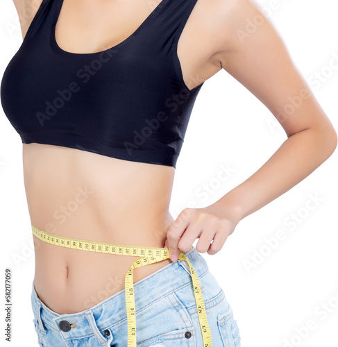 Asian woman diet and slim with measuring waist for weight, girl have cellulite and calories loss with tape measure, health and wellness concept.