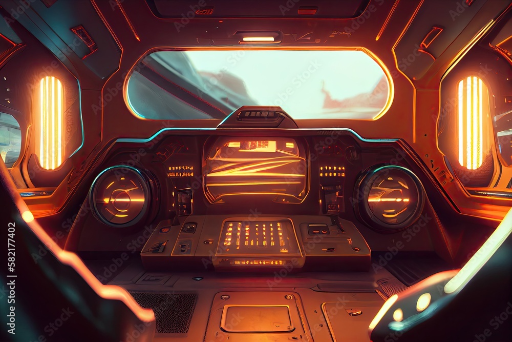 Futuristic sci-fi car interior view, hyper realistic. Inside view of the car. Generative AI Futuristic sci-fi car interior view, hyper realistic. Inside view of the car. Generative AI