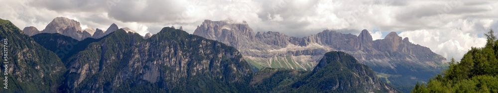 Panoramic view of Rosengarten Group in the Dolomites