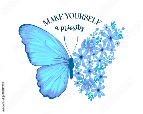  positive quote butterfly pink flower rose and daisies watercolor hand drawn design