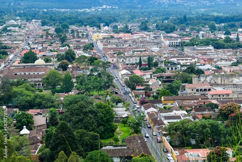 Top view of the densely populated cityscape of Antigua with similar residential buildings  Guatemala