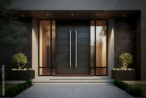 Modern Double Black Front Entry Door With Two Sidelite