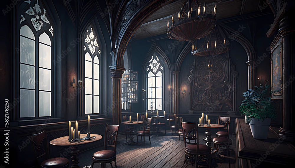 Gothic and steampunk concept design for a cafe or restaurant, gothic and steampunk room