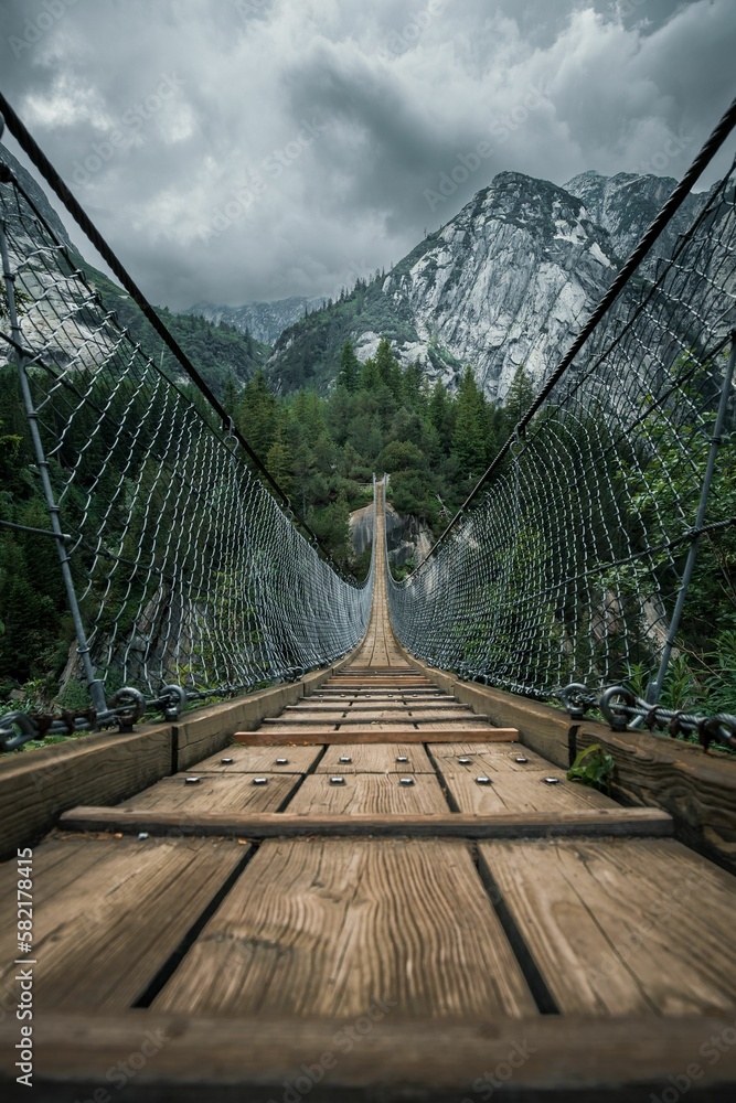 Vertical shot of a wooden bridge leading to snowy mountains