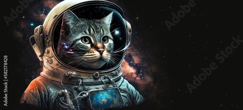 Cosmonaut cat. Cat in a spacesuit on the background of the planets and the galaxy. Generative AI