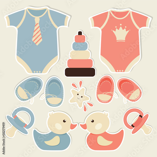 A set of stickers for newborn boys and girls. Baby shower. Vector