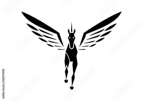 Pegasus Icon Flat Design Vector. Black Silhouette Of A Flying Pegasus
