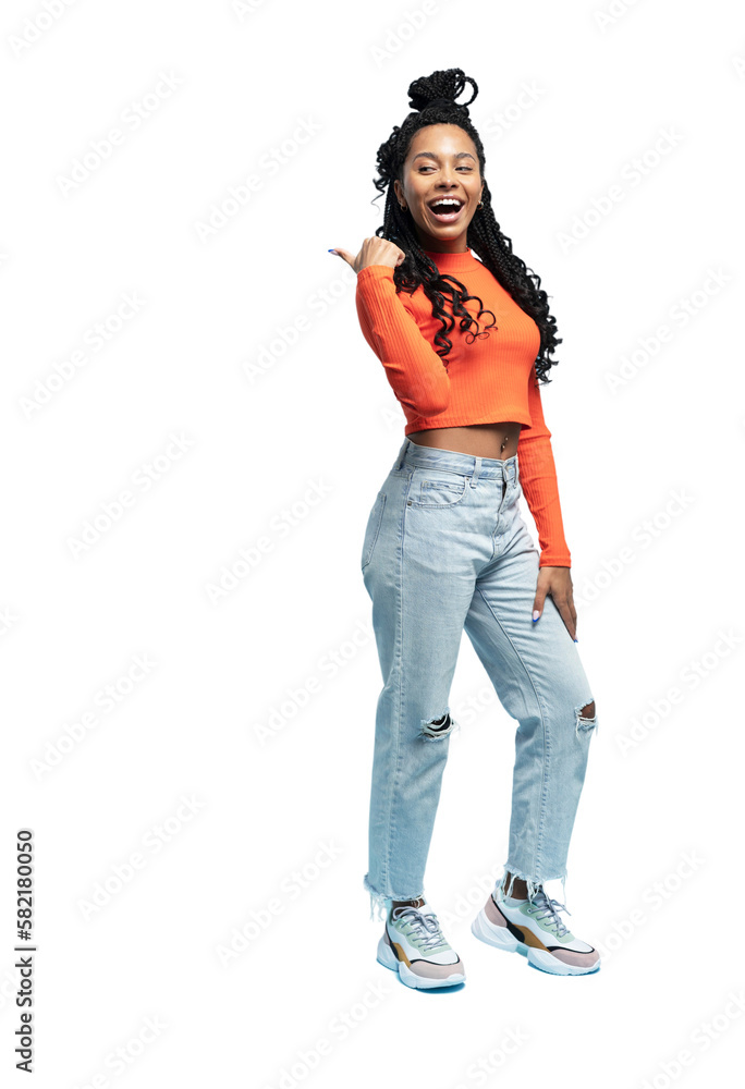 Cheerful Afro woman points away on copy space, discusses amazing promo, gives way or direction, has pleasant smile, feels optimistic, isolated over transparent background Cheerful Afro woman points away on copy space, discusses amazing promo, gives way or direction, has pleasant smile, feels optimistic, isolated over transparent background