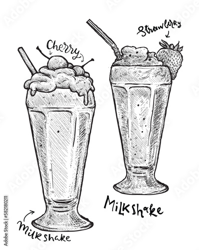 Milk shake line art sketch engraving vector illustration. T-shirt apparel print design. Scratch board imitation. Black and white hand drawn image.