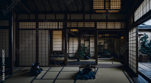 Interior illustration of a traditional Japanese house made of wood. House with simple and minimalist interior decoration. Clean and tidy.