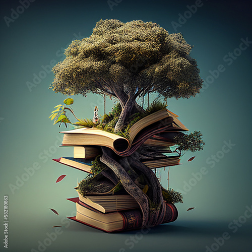 Book or tree of knowledge concept with an oak tree growing from old open books. AI generated content photo