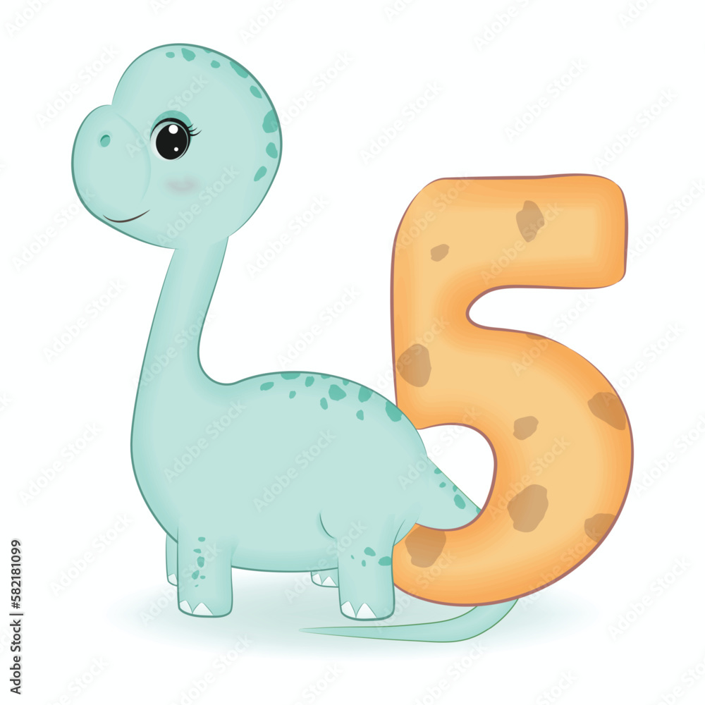 Cute Dinosaur with number 5, cartoon illustration