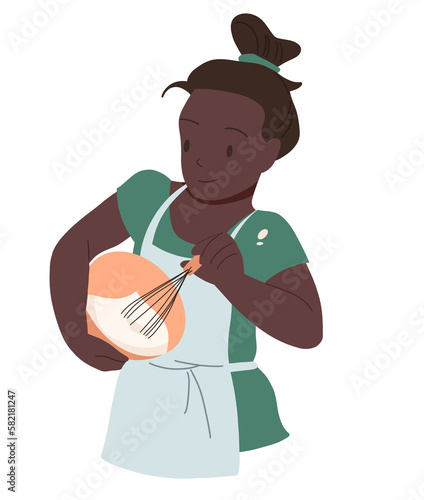 Girl mixing dough in bowl with whisk illustration. Cartoon woman in chefs apron holding kitchen utensils in hands, female baker character cooking homemade cake at home, whipping egg or cream