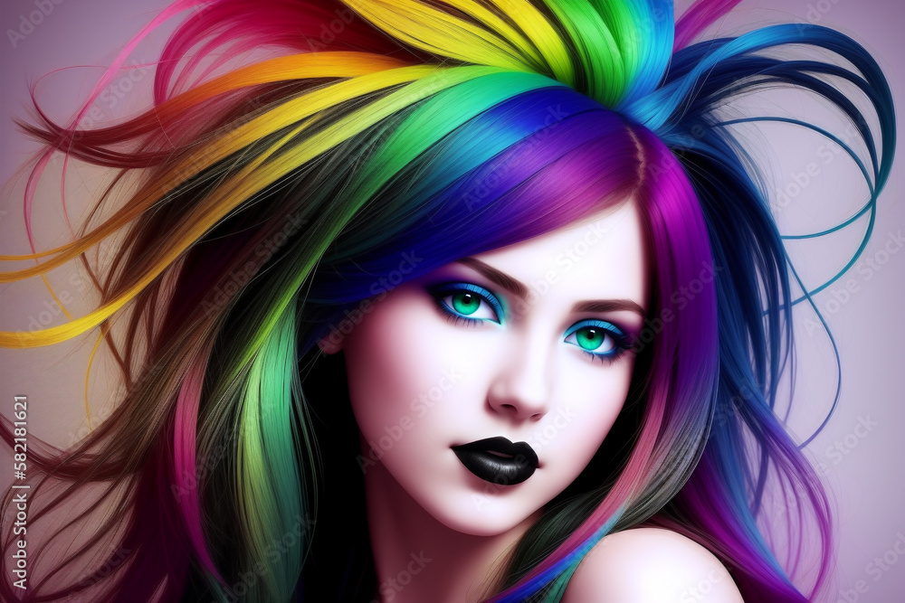 Obraz premium Portrait of a girl with colorful bright bushy hair and creative makeup on her face. AI generative