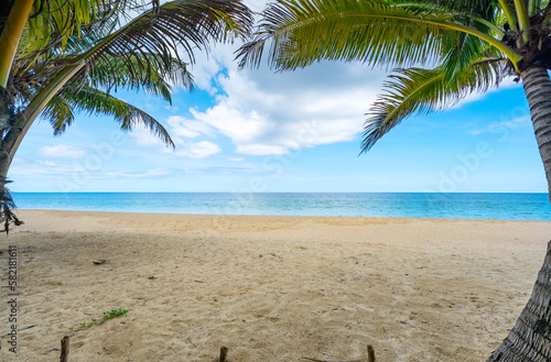 Fototapeta Naklejka Na Ścianę i Meble -  Beach summer vacations concept background Nature frame of coconut palm trees on the beach sand Beautiful sea beach landscape background