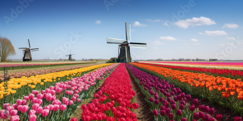 Traditional Dutch windmills with fields of tulips. Generative AI.