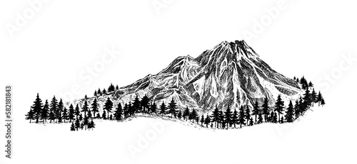 Mountain with pine trees and landscape black on white background. Hand drawn rocky peaks in sketch style.  