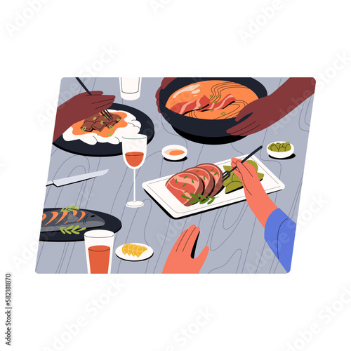 Restaurant meal. Hands at dinner table, taking food, snacks, dishes. People friends eating out on holiday with wine, wineglasses, served tasty meat, fish, soup on plates. Flat vector illustration