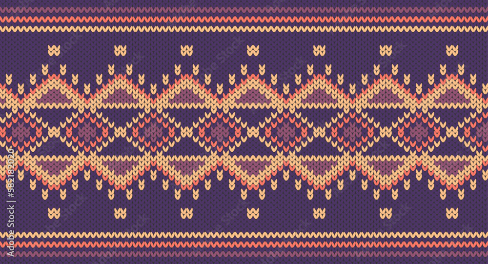 Purple and oragne Square table knitting pattern, Festive Sweater Design. Seamless Knitted Pattern Purple and oragne Square table knitting pattern, Festive Sweater Design. Seamless Knitted Pattern