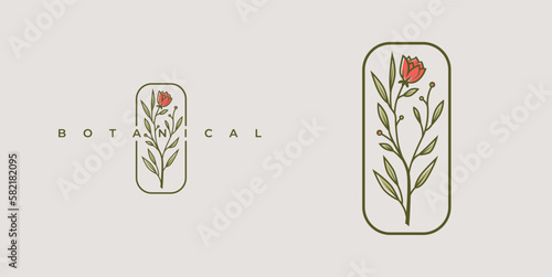 Floral Branch Logo. Botanical minimal natural icon with a blooming red bud rose in a simple straight frame. Muted vintage colors with name company inside the illustration. Template design