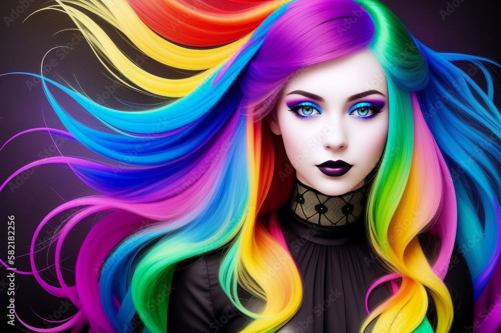 Portrait of a girl with multicolored rainbow curls in a black dress on a black background. AI generative