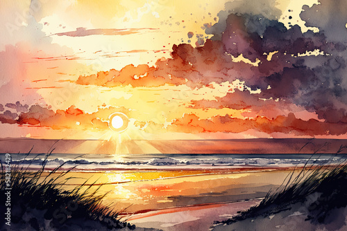Beach watercolor background at sunset, Generative AI