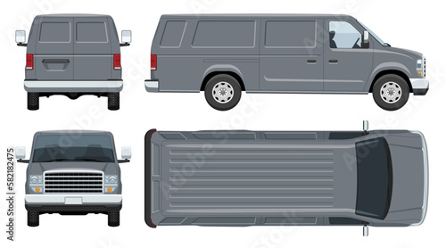 Grey van vector template with simple colors without gradients and effects. View from side, front, back, and top