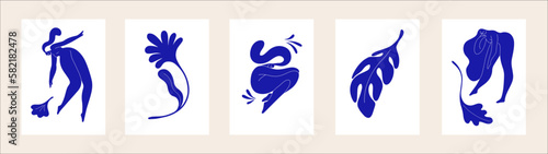 Modern Matisse-styled interior posters set. Vertical wall arts with abstract naked girls silhouettes, leaf, flowers. Minimalist blue artworks in modern trendy style. Flat vector illustrations